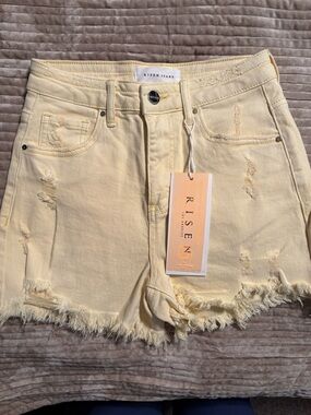 Risen Jeans Pale Yellow Distressed Denim Shorts